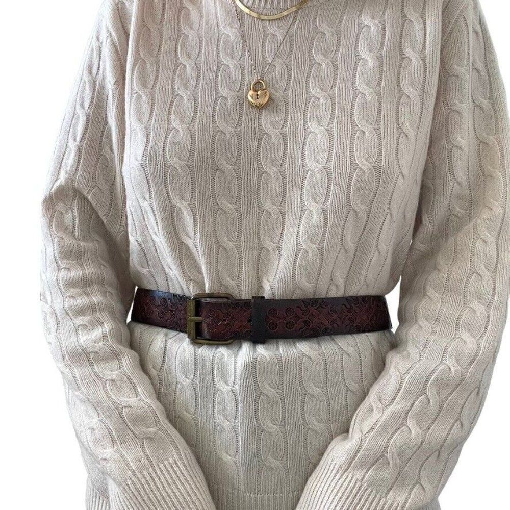 Womens Brown Genuine Leather Floral Embossed Hippie Western Waist Belt Sz M